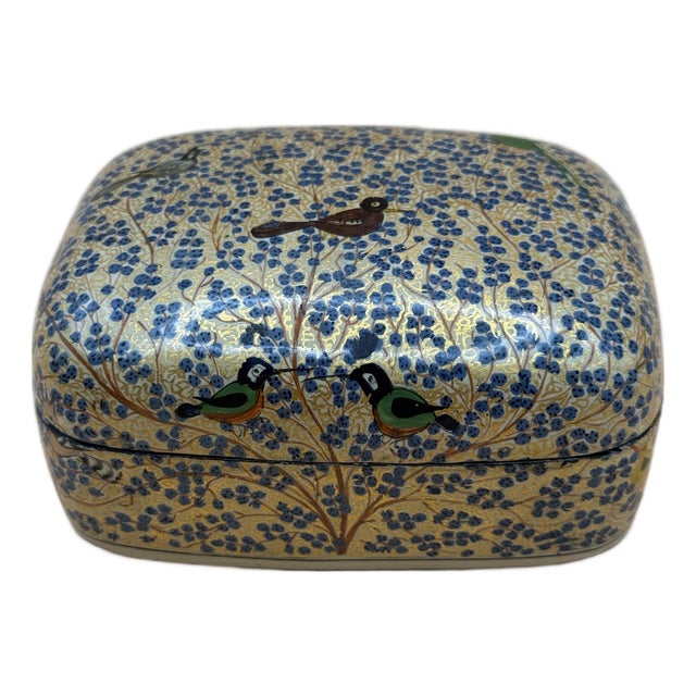 Vintage Kashmiri Hand-Painted Papier-Mâché Lacquer Box With Birds & Florals For Sale