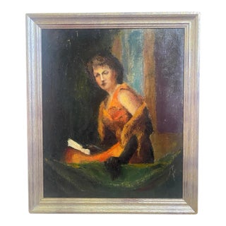 Antique Oil on Canvas Portrait Painting of a Woman Reading a Book, Circa 1920, Signed Fish For Sale
