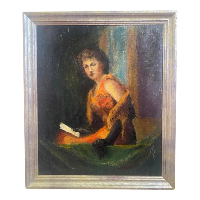 Antique Oil on Canvas Portrait Painting of a Woman Reading a Book, Circa 1920, Signed Fish For Sale