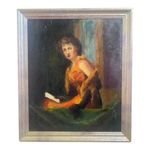 Antique Oil on Canvas Portrait Painting of a Woman Reading a Book, Circa 1920, Signed Fish
