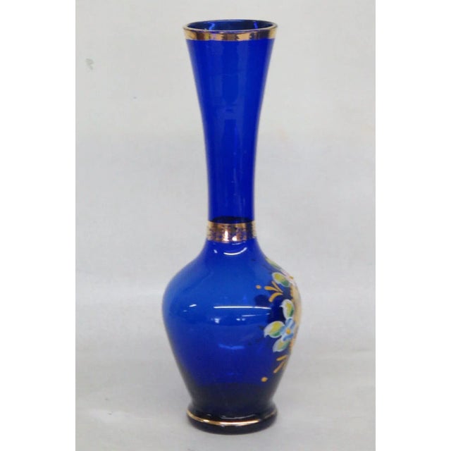 Cobalt Blue and Gold Hand Painted Flowers Czech Bohemian Glass Bud Vase For Sale - Image 4 of 13