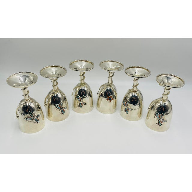 Silver 1980s Set of 6 Emilia Castillo Silver-Plated Goblets With Stone Inlay For Sale - Image 8 of 18