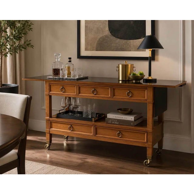 Mid-Century Modern Baker Milling Road Walnut Hollywood MCM Regency Server Rolling Bar Cart Table For Sale - Image 3 of 10