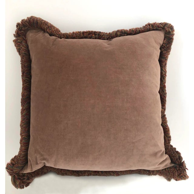 Hand dyed velvet pillow, features a multicolor wool fringe. Insert included. Size: 20" x 20"