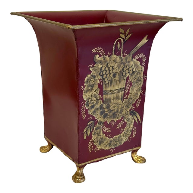 Vintage French Provincial Burgundy and Gold Tole Vase Cachepot Jardinere Waste Bin For Sale