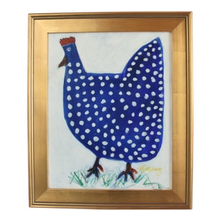 Original Folk Art Chicken Hen Painting, by Ruth Arenz Including the Antiqued Gold Wood Frame For Sale