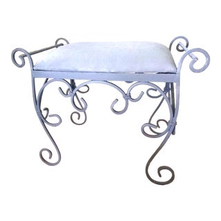 Vintage Wrought Iron Gray Painted Vanity Bench With Gray Upholstered Seat For Sale