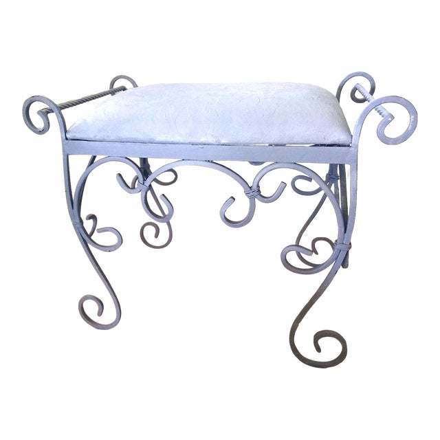 Vintage Wrought Iron Gray Painted Vanity Bench With Gray Upholstered