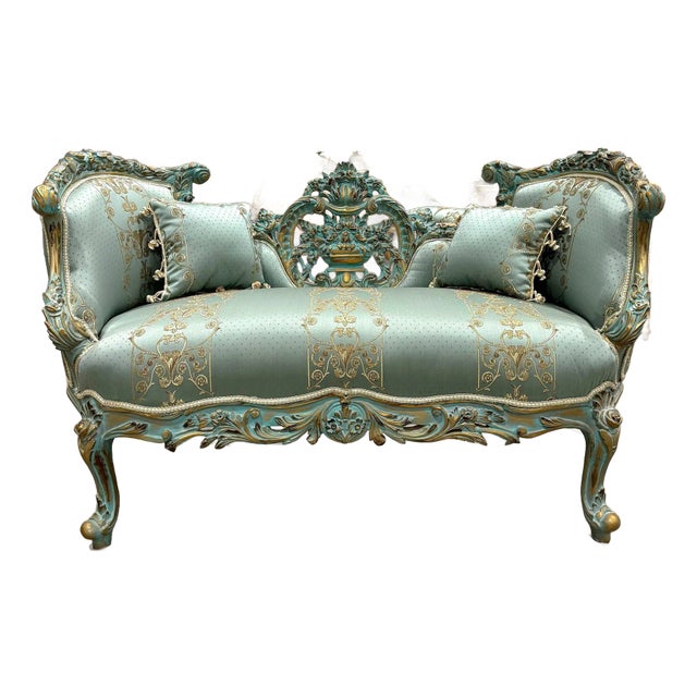 French Style Sky Blue Small Settee For Sale