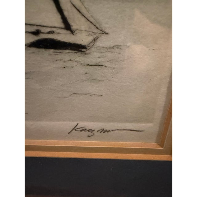 Charming vintage original etching by Frank Kaczynski, titled “Regatta,” depicting a classic maritime sailing scene. The...