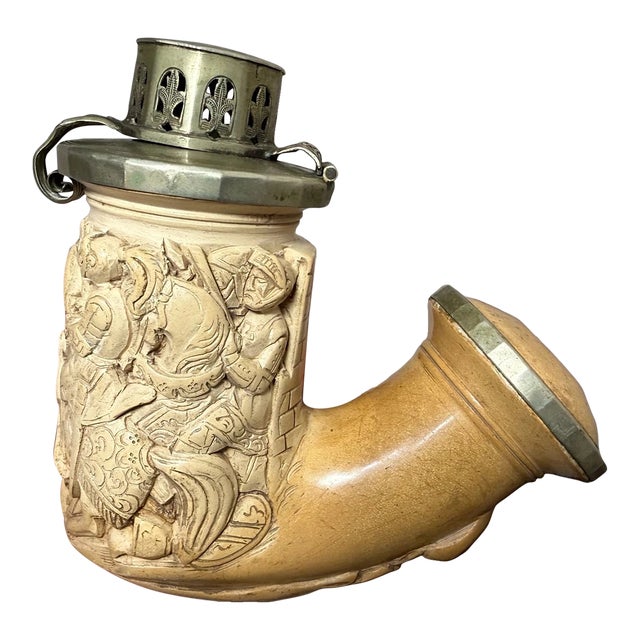 Large Antique 1800's Hand Carved German Meerschaum Silver Knight Smoking Pipe For Sale