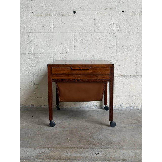 Mid-Century Modern Rosewood Sewing Table Side End Nightstand With Drawer and Rolling Wheels Denmark 1960s For Sale - Image 3 of 9