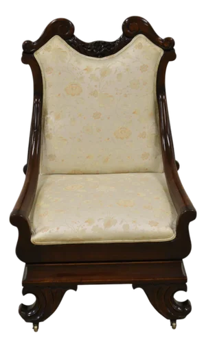 Early 1900s Renaissance Revival Styled Upholstered Low Sleigh Chair With Curved Arms