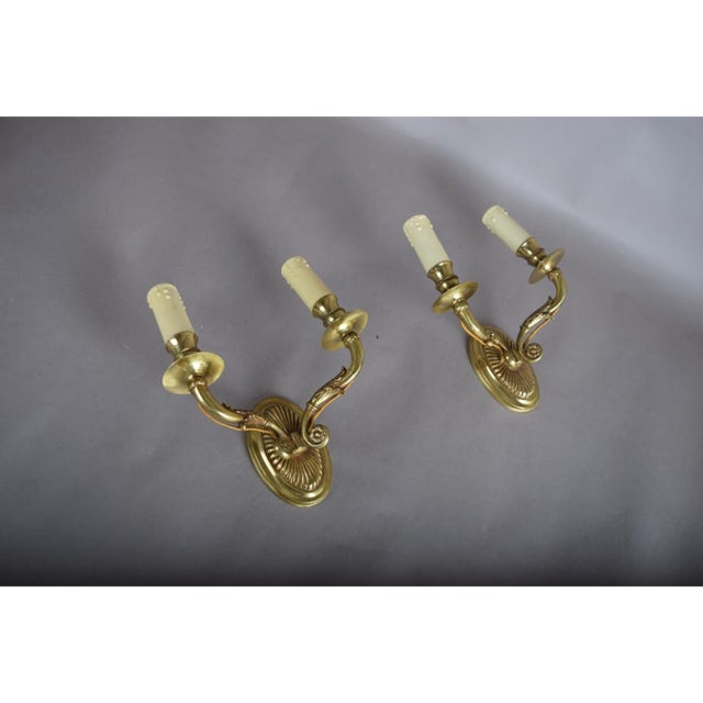 Vintage French Empire Hollywood Regency Style Brass Double Arm Wall Sconces, 1940s, Set of 2 For Sale - Image 12 of 16