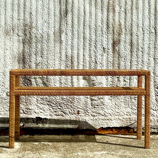 Vintage Coastal Woven Rattan Console Table For Sale - Image 4 of 9
