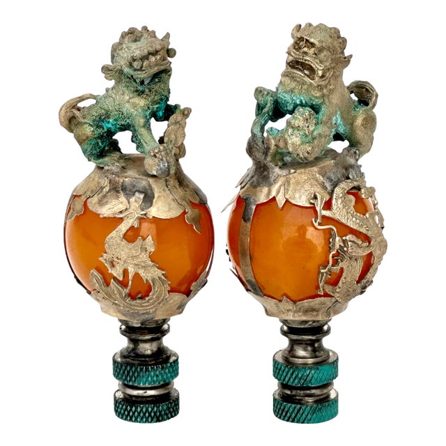 Chinese Foo Dog Lamp Finials - a Pair For Sale