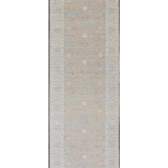 Pomegranate Khotan Design Long Runner in Soft Gold & L. Blue & Geometric Border For Sale - Image 4 of 13