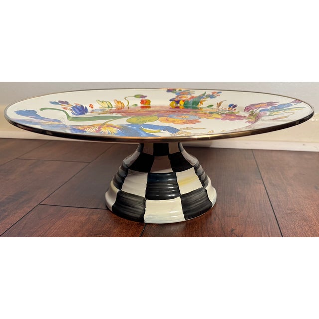 Black Large 16” MacKenzie-Childs Flower Market Pedestal Cake Stand W/ Courtly Check Base For Sale - Image 8 of 10