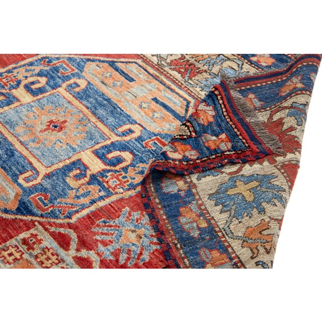 2010s 6 X 6 Modern Kazak Handmade Wool Rug in Red and Blue With Geometric Design For Sale - Image 5 of 9