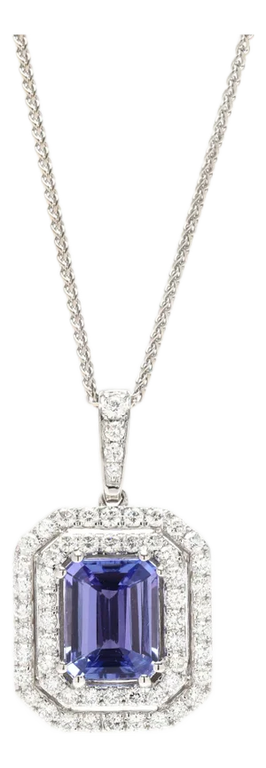3.4ctw Tanzanite and Diamond Twin Halo Pendant Necklace, 14k White Gold, 20 In.