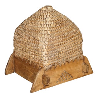 Antique English Folk Art Woven Bee Skep in Primative Woven & Wooden Stand, 1880 For Sale