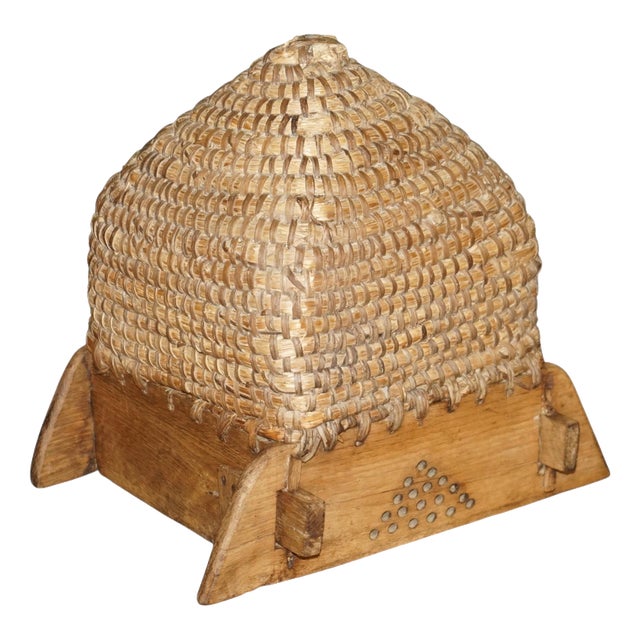 Antique English Folk Art Woven Bee Skep in Primative Woven & Wooden Stand, 1880 For Sale