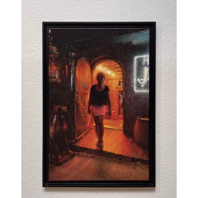 Leaving the House by Nicolas Martin | Oil on canvas Woman exiting a dimly lit doorway. For Sale