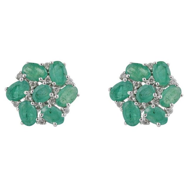 Not Yet Made - Made To Order 925 Silver 6.21 Ct Emerald and Diamond Floral Cluster Stud Earrings, a Pair For Sale - Image 5 of 12