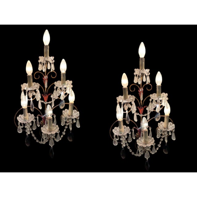 Large Florentine Tole Crystal Sconces, 1950s, Set of 2 For Sale - Image 8 of 17