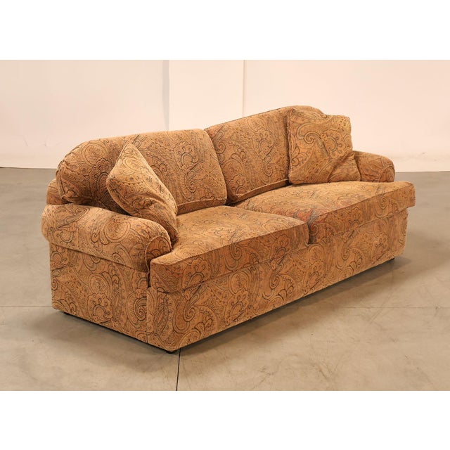 High Quality Custom Upholstered Sofa With Loose Cushions And Rolled Arms In Warm Tone Paisley Fabric