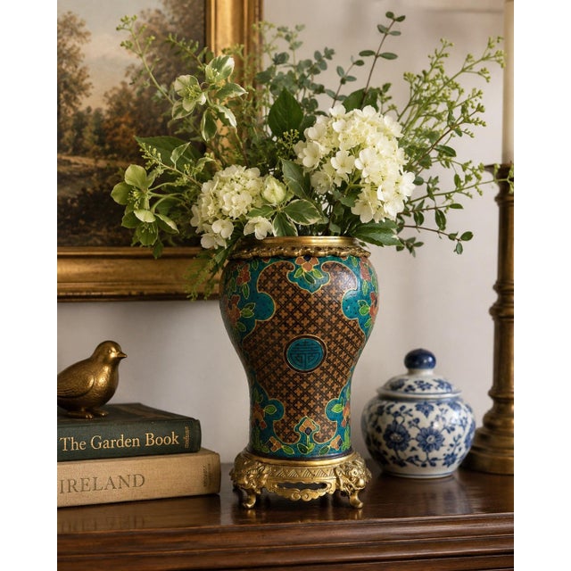 Metal Vintage Asian Cloisonné Enamel Vase on Ornate Gilt Metal Base For Sale - Image 7 of 7