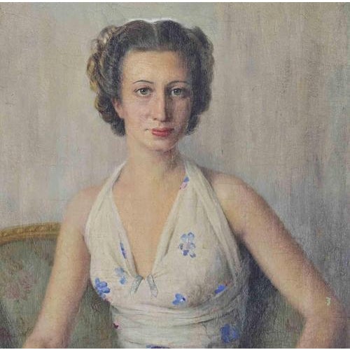Oil on canvas. Signed "Cavalin" and dated (1945). Dimensions with frame: cm. 117x86.5 A refined post-war portrait...
