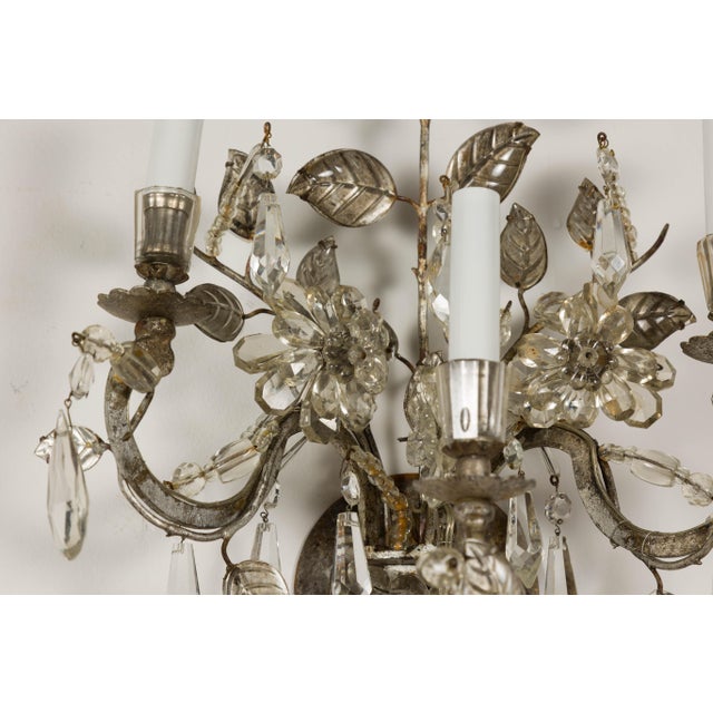 1940s Maison Baguès Crystal Three-Arm Sconces with Floral Motifs, US Wired For Sale - Image 12 of 12