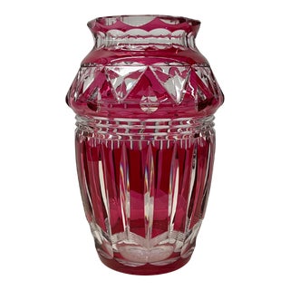 1930s Val St. Lambert Cut Clear and Ruby Glass Vase For Sale