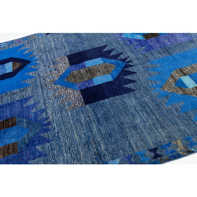 Textile Modern Abstract Baluch Style Blue Wool Area Rug – Geometric Tribal Design 6x8 For Sale - Image 7 of 11