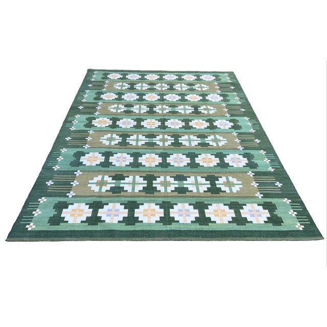 Handmade Cotton Rug, Natural Vegetable Dyed Green and Cream Geometric Rug - 12'x15' For Sale - Image 9 of 11