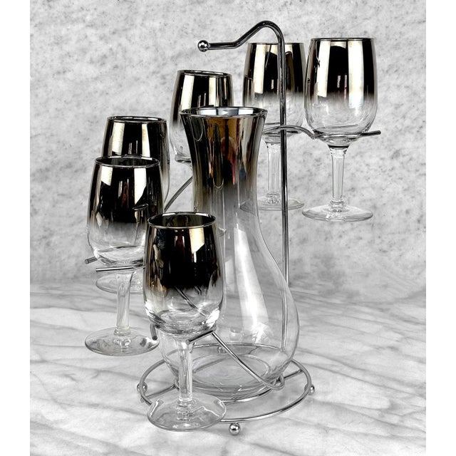 1970s Mid-Century Cascading Silver Rim Wine Decanter Serving Glasses - Set of 8 For Sale - Image 5 of 7