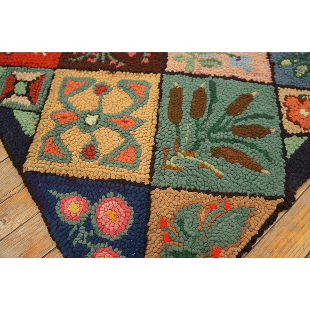 1930s Multi Geometric Folk Art Antique American Hooked Rug 6' X 8'9" Woven Wool Carpet For Sale - Image 10 of 12