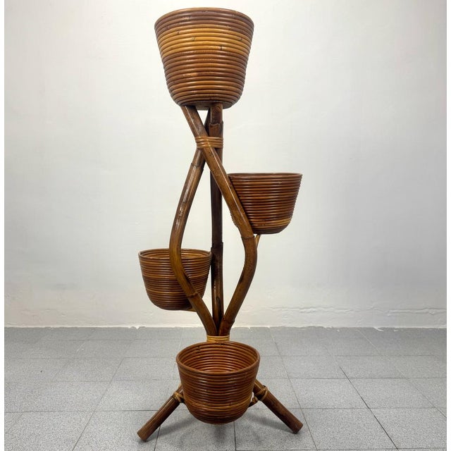 1960s Mid-Century Bamboo Rattan Plant Stand with Baskets, Italy, 1960s For Sale - Image 5 of 5