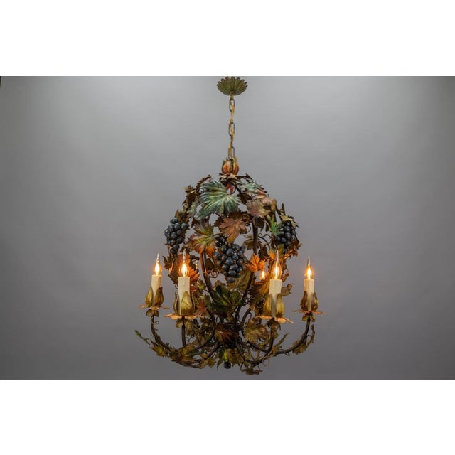 Italian Polychrome Metal Grapes, Vines and Autumn Color Leaves Chandelier, 1950s For Sale - Image 15 of 18