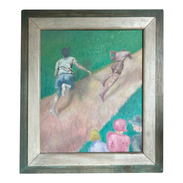 Vintage 1965 Oil Painting of Football Players in Action For Sale