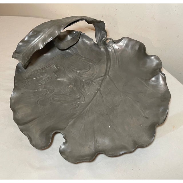 Figurative 1920s Large j.r Hannig Pewter Art Nouveau Figural Footed Platter Centerpiece Tray Dish For Sale - Image 3 of 12