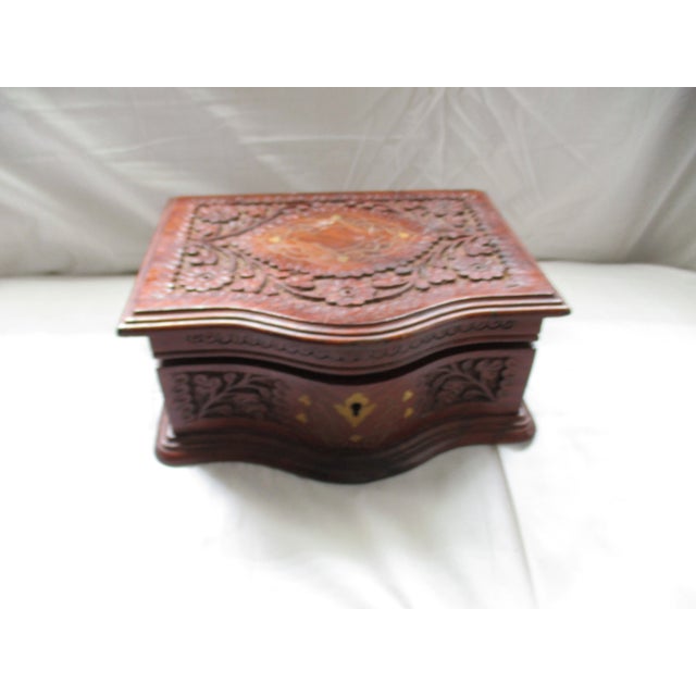 Here is a Gorgeous Antique Ornate Hand Carved Walnut Jewelry Box with Lovely inserted Brass Inlay with leaves scroll...