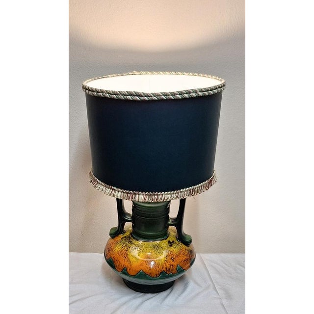 Textile Vintage Table Lamp in Fat Lava Style with Green-Yellow-Orange Ceramic Base and Shade from Lamplove, 1970s For Sale - Image 7 of 9