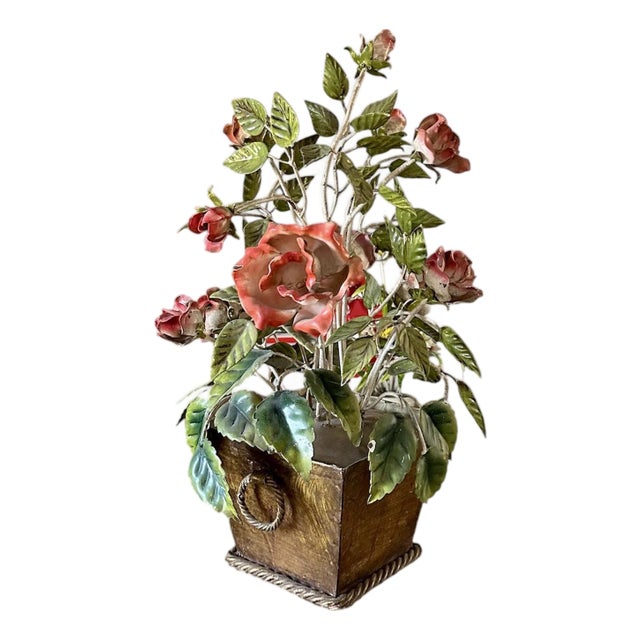 Vintage Large Italian Tole Potted Rose Bouquet Flower / Floral Arrangement Sculpture in Gilt Pot For Sale