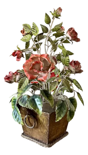 Vintage Large Italian Tole Potted Rose Bouquet Flower / Floral Arrangement Sculpture in Gilt Pot