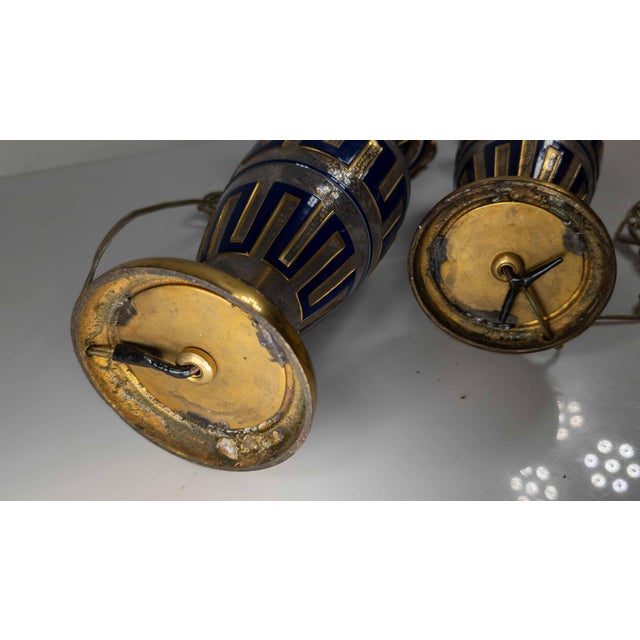 19th Century Pair of Bohemian Cameo Glass Table Lamp Vases With Greek Key Design in Blue For Sale - Image 16 of 16