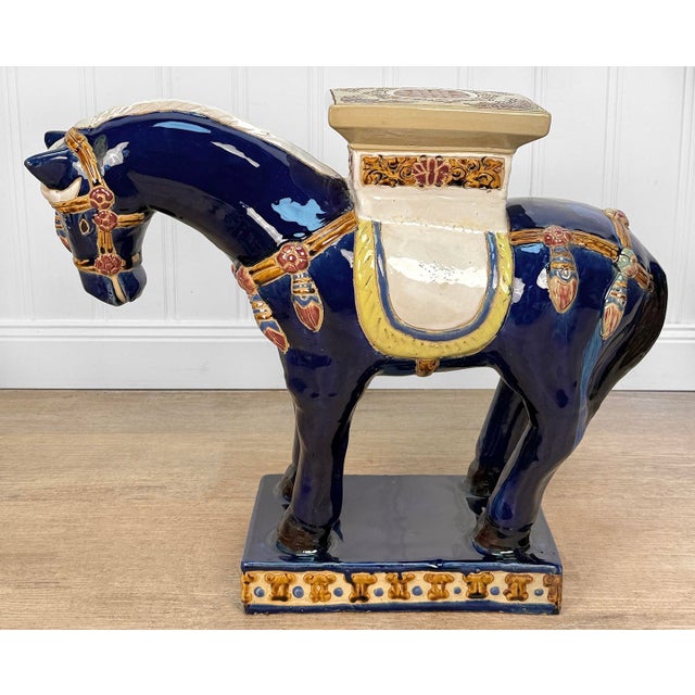 Chinoiserie Vintage Chinese Chinoiserie 24" Blue Tang Horse Plant Stand For Sale - Image 3 of 10