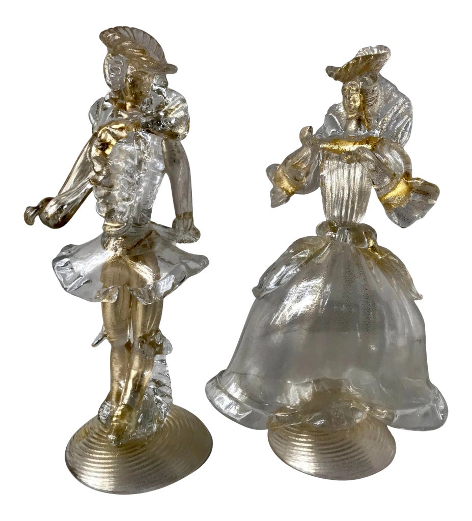 Vintage Murano Glass Figurine Couple in Clear With Gold | Chairish