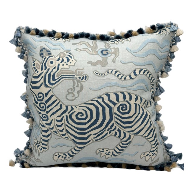 Clarence House Tibet Pillow Cover in Pale Blue With Tassel Trim For Sale